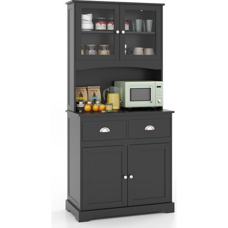 Buffet Cuisine Rangement, 2 Tiroirs, Porte Vitrée, Etagères Réglables, Meuble Cuisine Rangement 170 cm, Plan de Travail 80 cm, Noir (1/5)