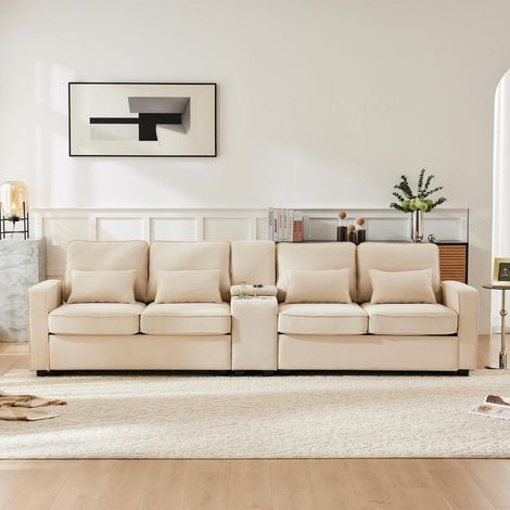 Canapé 4 places en lin avec console, porte-gobelets et USB, beige (1/5)
