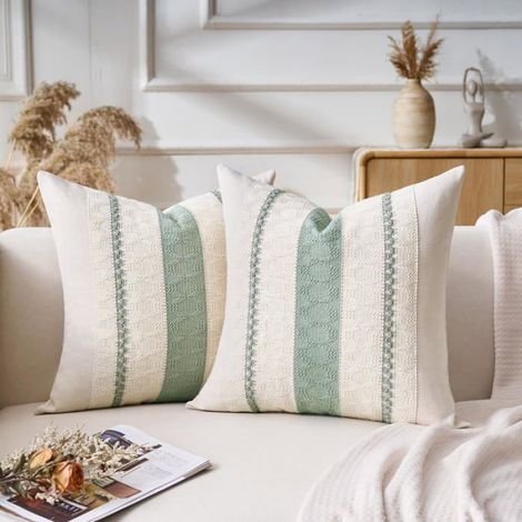 Housse Coussin 40x40cm Vert Sauge Bohème Texturée à Rayures Tissées Décoratives Moderne Boho Housse de Coussin Canapé Lot de 2 (1/4)