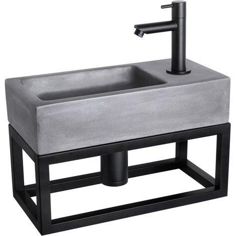 Differnz Ravo kit lave-mains - 38.5x18.5x25cm - Rectangulaire - 1 trou de robinet - Robinet droit noir mat - avec cadre noir - béton gris foncé (1/5)