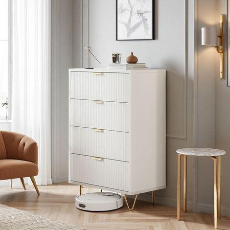 Comò 4 cassetti bianco L60 x P34 x H91 cm — piedi in acciaio inox, anti-ribaltamento
