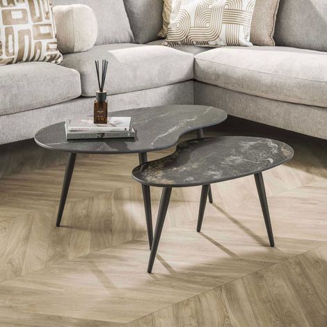 Lot de 2 tables basses 73 et 91 cm en céramique effet marbre noir