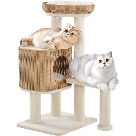 Arbre à Chat en Rotin 91 cm, Griffoir en Sisal, Niche, Chats 10kg (1/5)