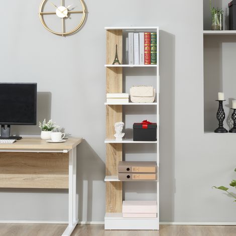 Libreria/Mobile contenitore con 5 scomparti a giorno, design semplice e moderno, ideale per soggiorno, camera da letto, ufficio, 45 x 21 x 170 cm, bianco e rovere