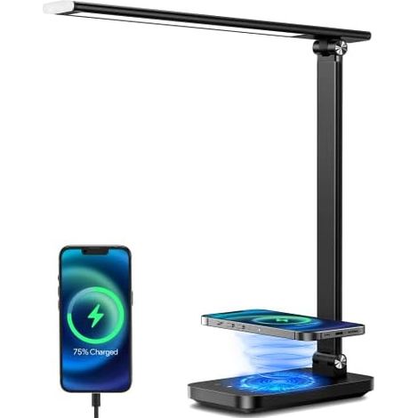 Lampe de Bureau LED avec Chargeur Sans Fil et Port USB, 12W Protection des Yeux Lampe de Chevet avec Lumière de Nuit 1h Minuterie, Lampes de Table Dimmable 5 Niveaux de Luminosité 4 Modes de Couleur