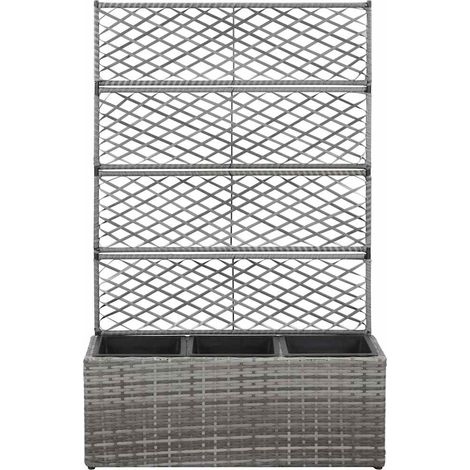 Jardinière surélevée avec treillis 3 pots amovibles résine tressée gris 83x30x130 cm (1/5)