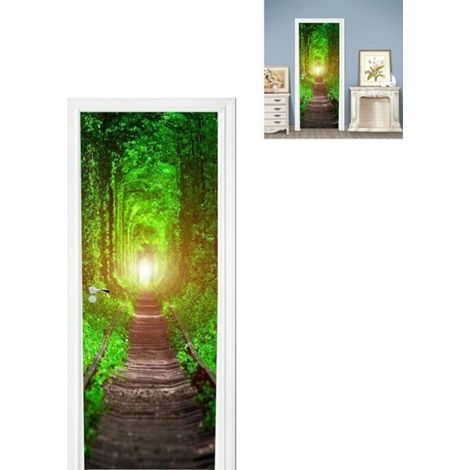 Sticker Porte Photo - Paysage Vert 3D, Papier Peint Voie Ferrée, Autocollant Trompe-l'Œil pour Décoration de Porte (1/5)