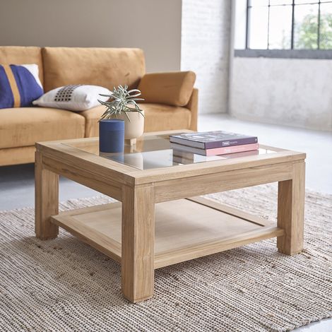 Berah Getah – Table basse fixe en teck massif 80x80 cm – Plateau en verre 6 mm – Design contemporain – Garantie 5 ans (1/4)
