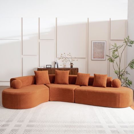 Sofá esquinero en L panorámico 327 x 215 x 65 cm - Diseño Cloud moderno de 5 plazas sin montar - Tejido de chenilla naranja