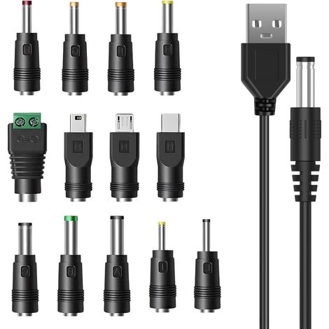 13 in 1 Multi End USB to DC Charger 5.5 x 2.1 mm, 1 m Universal Cable with 13 Connectors for Fans, Routers, Ribbon Lights, LED Shaver, TV Box, PC Universal Diffuser (1/5)