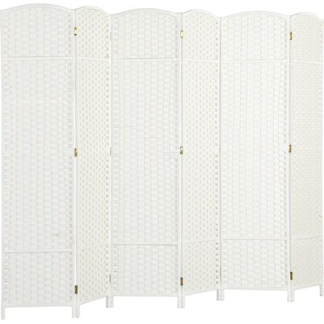 Paravento Divisorio da Interni 240x170 cm Pieghevole a 6 Ante Intrecciato in PP e Legno Bianco (1/5)