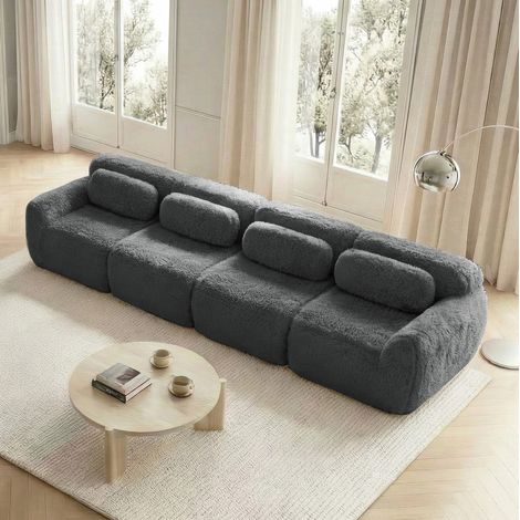 Canapé modulaire 4 places gris en peluche avec coussins et base antidérapante (1/5)