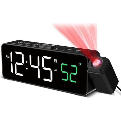 Réveil numérique avec projecteur à 180°, affichage de température, écran LED, 4 niveaux de luminosité, 3 niveaux de volume, fonction snooze de 9 minutes, format 12/24H, réveil avec projection (Blanc) (1/5)
