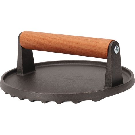 Presse à hamburger ronde en fonte avec manche en bois pour sandwichs au bacon, steak et viande (1/5)