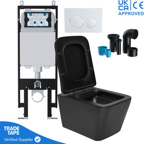 Square Black Wall Hung Toilet Pan with VIVA Slim Concealed Cistern Frame 1.14-1.35m & Gloss White flush Plate (1/5)