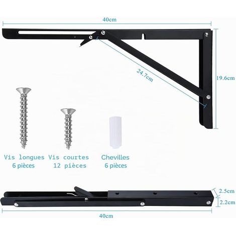 Support d' Étagères Pliable, 400mm Équerre Pliante Noir Support Console Pliants, Murale Supports Pliante, Table Etagere Murale Garage Cuisine Chambre Bureau (1/3)