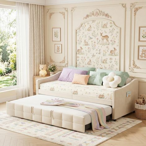 Cama nido 90x180/200 cm, sofá cama extensible acolchado con canapé de láminas de madera, diseño moderno, 2 plazas, terciopelo, Beige (1/5)