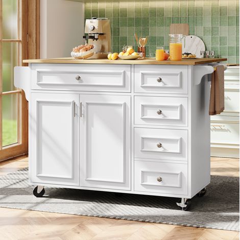 Isla de cocina 110x45x92 cm blanca en MDF con tablero abatible y almacenamiento (1/5)
