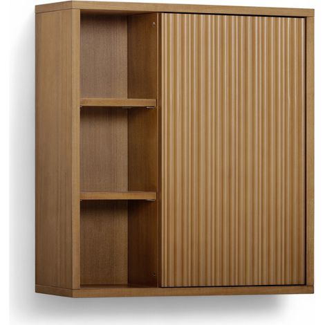 Teamson Home Tremolo Bathroom Wall Cabinet with Open Shelving, Fluted Door and Hidden Storage, Contemporary Wooden Bathroom Furniture, Natural Finish (1/5)