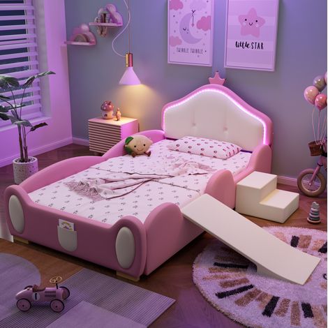 Letto bambini 90x200 cm con strisce LED, scivolo e scala, rete a doghe, in legno ed ecopelle rosa e beige, materasso non incluso (1/5)