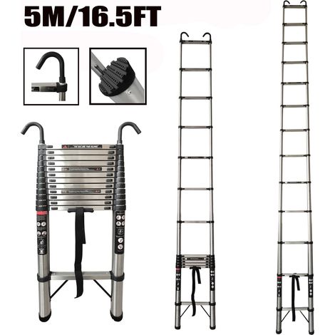 EN131 Telescopic Ladder 5M/16.5FT Multi-Purpose Folding with 2 Detachable Hooks