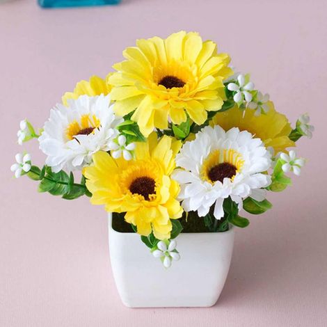 Bonsai Artificiel - Fleur Chrysanthème et Gypsophile en Pot Bois - Décoration Intérieure Maison Bureau Mariage - 17 cm (1/5)