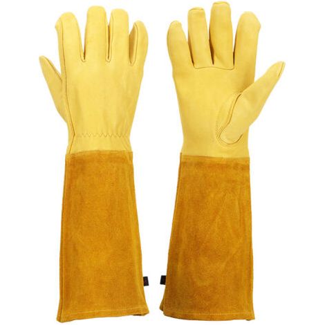 QORVA-Gants de jardinage Gauntlet pour femmes et hommes, gants d'élagage respirants pour roses avec gantelet anti-épines, manches longues en cuir de vachette durable Gants de jardin (L, Jaune)