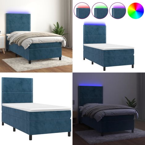 Cama box spring colchón y LED terciopelo azul oscuro 80x200 cm - Cama con luz LED - Colchón con muelles ensacados
