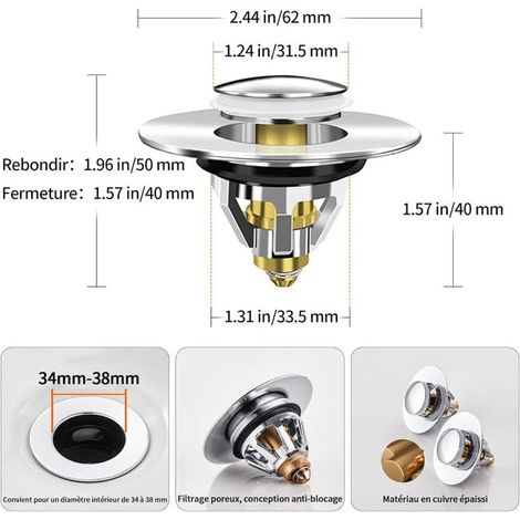 Filtro universale per scarico lavello, tappo per lavello anti-bloccaggio in acciaio inox con pulsante, anti-odore per fori di scarico da 1,33" a 1,49" (1/4)