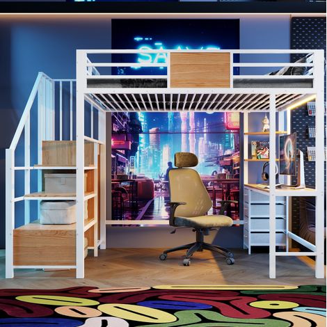 MEUBLIV Lit mezzanine 140x200 cm avec bureau, lit mezzanine ados avec prise et LED, placard de rangement ouvert,blanc (1/5)