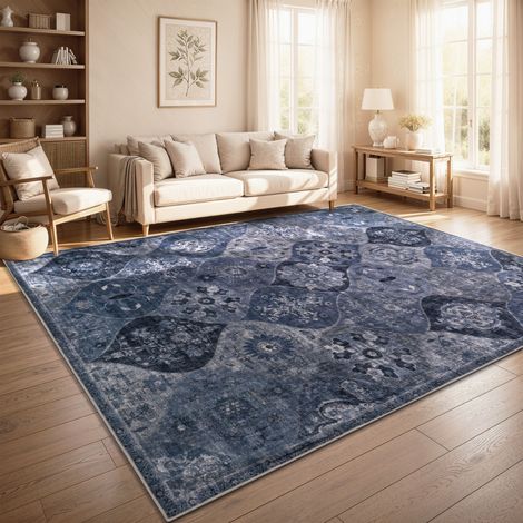 Paco Home Tappeto Vintage Boho Moderno Soggiorno Pelo Corto Lavabile Blu 120x160 cm (1/5)