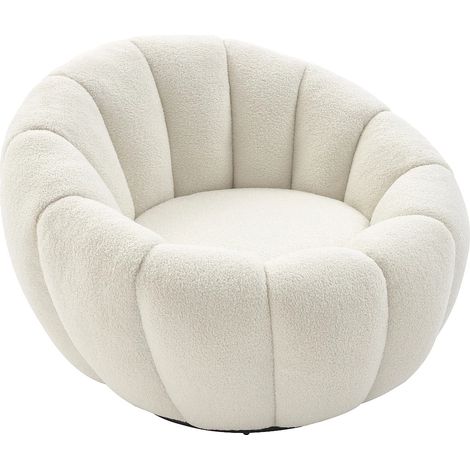 Vente-Unique – Fauteuil convertible pivotant en tissu bouclette blanc – 1 place – Structure bois et métal – Confort d'assise équilibré