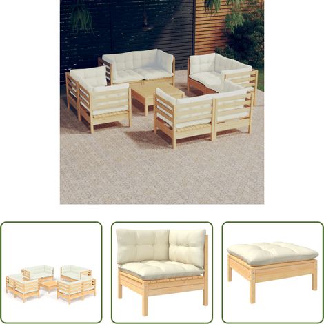 vidaXL Gartenlounge - 9-tlg. Garten-Lounge-Set mit Creme Kissen Kiefernholz (1/5)
