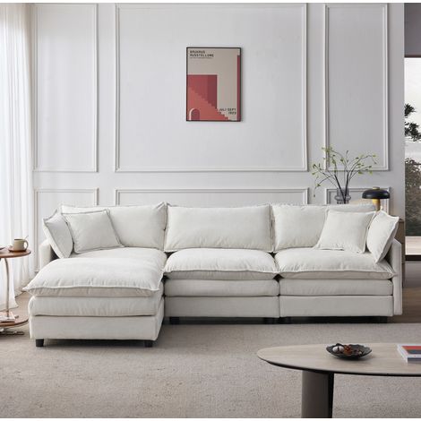 Canapé d'angle modulable 3 places en tissu beige avec méridienne et pouf, housses amovibles, assise confortable, 267 x 154 x 85 cm – de FLORAGRACE (1/5)
