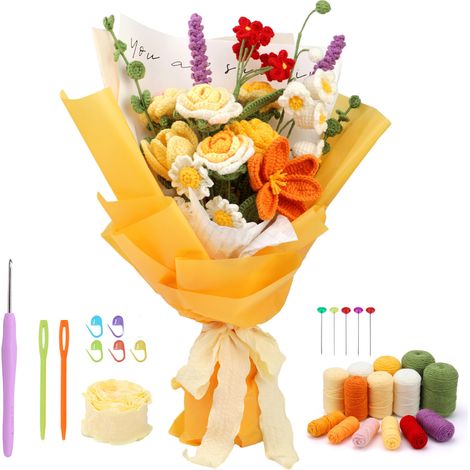 1 bouquet de fleurs au crochet, 32 cm, tournesol + marguerites + eucalyptus, décoration intérieure/extérieure, cadeau anniversaire (1/5)