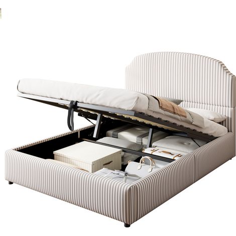 CHICFURN Cama tapizada 140 x 200 cm con canapé abatible hidráulico, gran cabecero alto en tejido de rayas, almacenaje bajo el somier y estructura estable para dormitorio moderno (1/5)