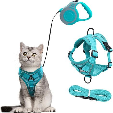 Harnais pour Chat avec Laisse Enrouleur, Anti-éclatement Harnais Chaton et 5m Laisse Chat Rétractables Kit, Réglable Filet Respirant Harnet pour Chaton, Chiot (Lac Bleu, M) (1/5)