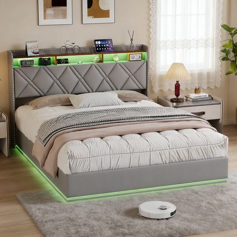Lit 160x200cm,Lit Coffre Double avec LED et USB/Type-C,Tête de Lit avec Rangements,Cadre de Lit Adulte Adolescent avec Sommier,Lit 2 Place,Tissu lin,Gris (1/5)