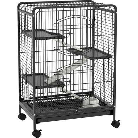 Cage à roulettes pour rongeurs, petite cage avec 3 rampes, 3 plateformes, un bac et un biberon, bac de fond amovible, pour lapins, visons et chinchillas, acier, PP, 61,5 x 44 x 95 cm, noire
