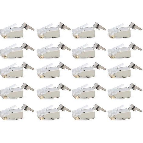 Lot de 20 connecteurs modulaires traversants RJ45 Cat6/6A, blindés (STP), avec mise à la terre externe et sertissage facile.