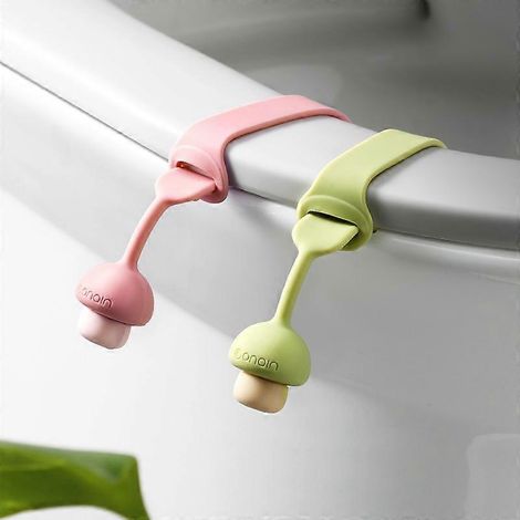WC-Sitz-Halterungsclip, pink-grüner WC-Sitzheber für Badezimmer – Pilzförmiger WC-Deckelheber, berührungslos für den Heimgebrauch – 2er-Pack (1/5)