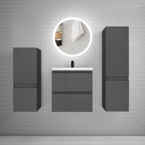 Ensemble meuble vasque L.50cm 2 tiroirs + lavabo + LED miroir 60cm + 2colonne,anthracite (1/5)