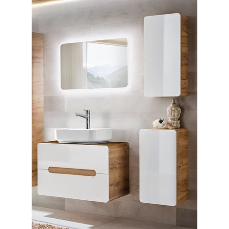 Badezimmer Set Hochglanz weiß mit Wotan Eiche Nb. LUTON-56 mit Keramik-Aufsatzwaschbecken B/H/T ca. 130/200/46 cm (1/5)