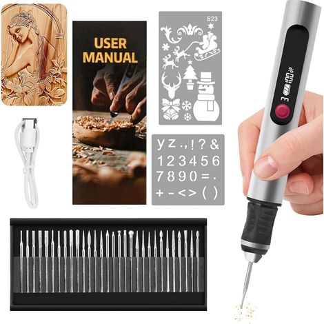1 Stylo de gravure électrique, 3 vitesses, 30 embouts, rechargeable USB, pour bois, métal, verre, bijoux, céramique (1/5)