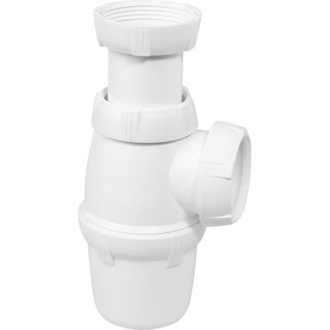 Siphon d'évier réglable en hauteur 45-90mm, plastique blanc, évacuation Ø40mm, débit 60L/min, joint intégré, fixation écrou 40/49, garde d'eau 50mm (1/4)