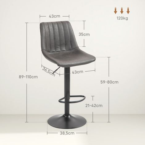 Lot de 2 tabourets de bar vintage, réglables en hauteur, avec repose-pieds, vérin pneumatique, gris anthracite (1/5)