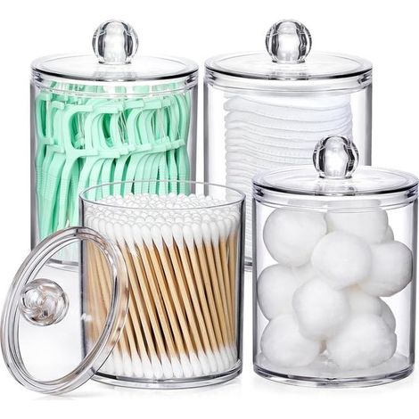 Confezione da 4 dispenser in acrilico per bastoncini di cotone, dischetti di cotone, tamponi di cotone e filo interdentale, in un piccolo contenitore di plastica trasparente. (1/5)