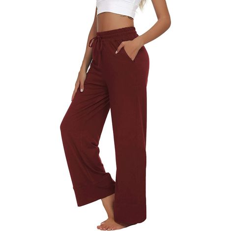Pantalon Large Femme - Taille Élastique Avec Cordon - Pour Yoga Fitness Jogging - Couleur Rouge Vin - Taille M (1/5)
