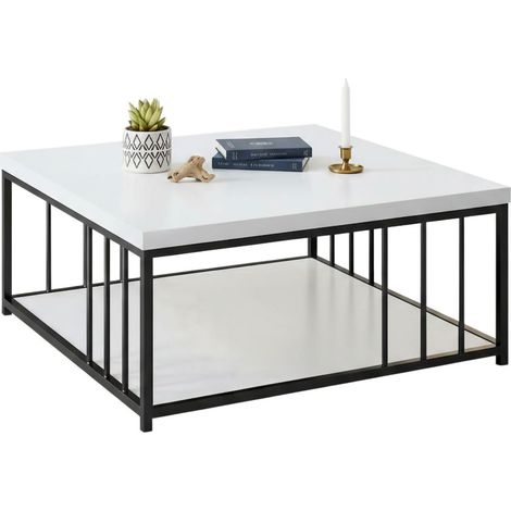 Dmora - Wohnzimmertisch Dfedrizz, Niedriger Wohnzimmertisch, Kaffeeregal, Couchtisch für Sofa, 90x90h40 cm, Weiß und Schwarz