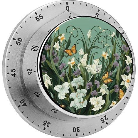 Minuteur à fleurs et papillons sur fond vert, élégant magnétique (1/5)